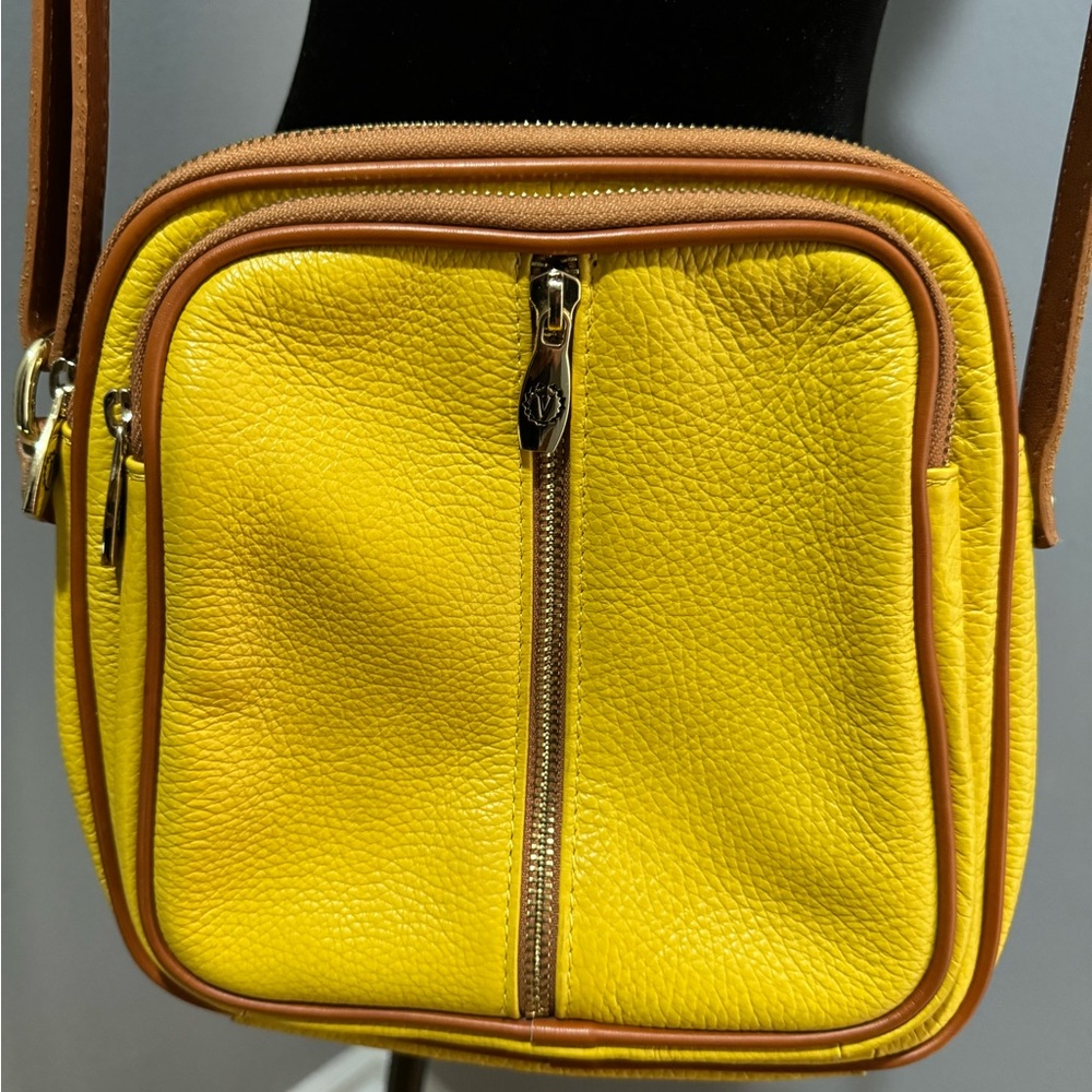 Valentina Pebbled Leather Yellow Triple Entry Purse Made in Italy